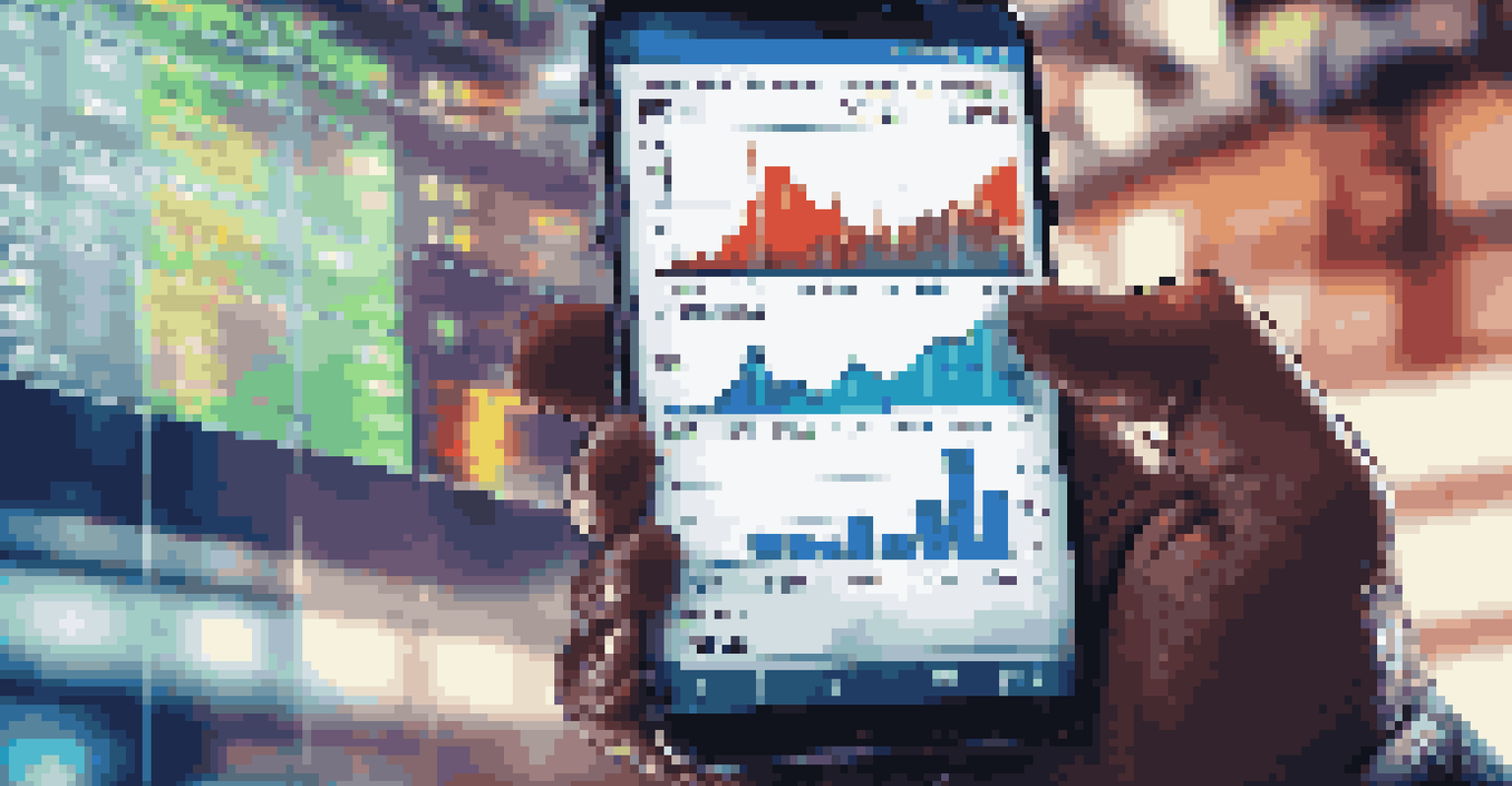 A close-up of a trader's hand holding a smartphone displaying stock market data in a blurred office background.