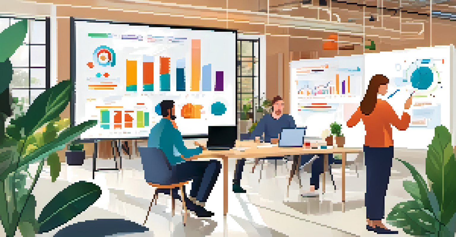 A strategic planning session in an open workspace with a large whiteboard covered in colorful charts, three professionals discussing and collaborating with laptops and coffee cups around.