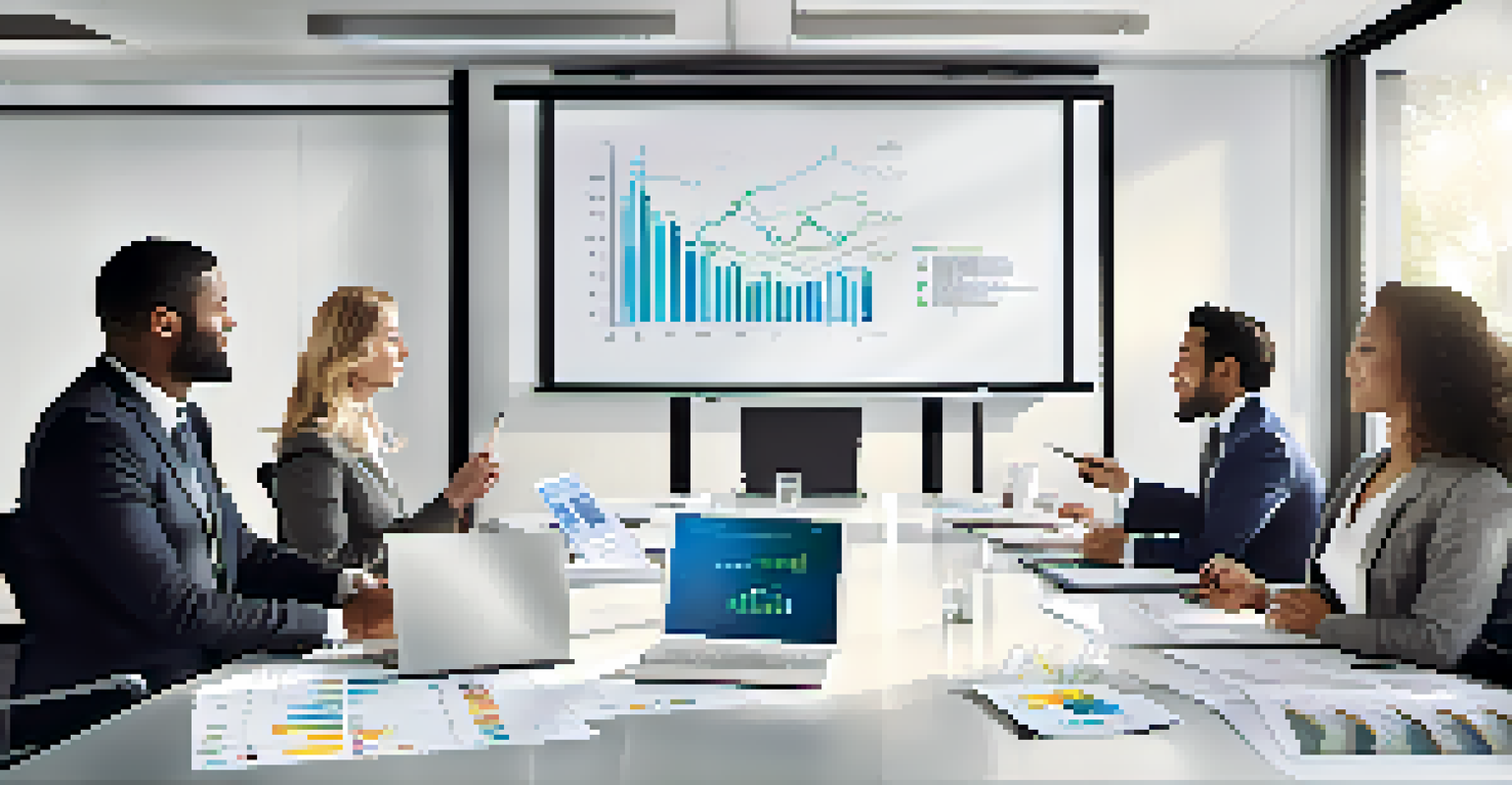 A group of financial advisors collaborating around a conference table with charts projected on a screen.