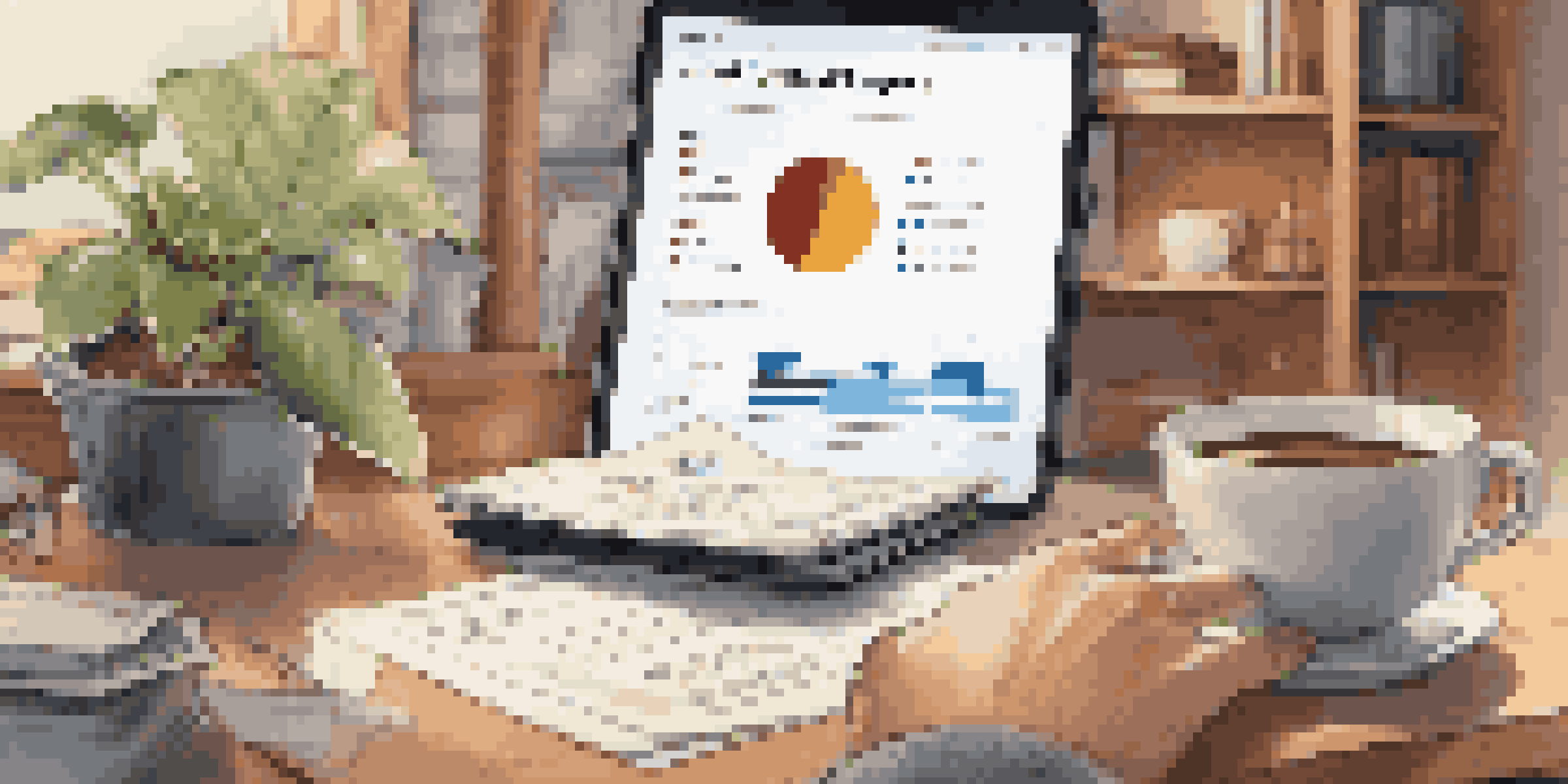 A person examining their credit report on a tablet, with financial documents and coffee around them in a cozy home office.