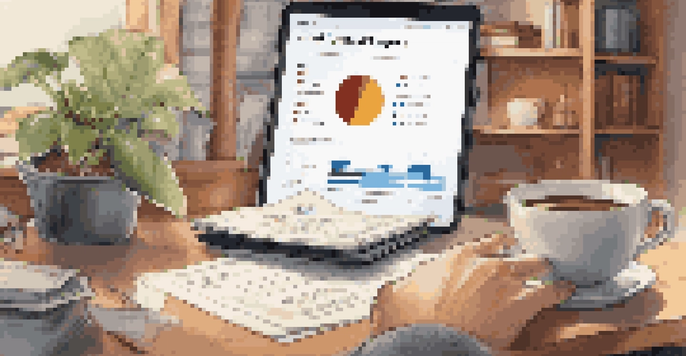 A person examining their credit report on a tablet, with financial documents and coffee around them in a cozy home office.