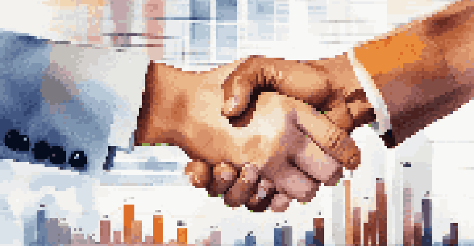 Two investors shaking hands in a modern office setting, symbolizing trust and collaboration.