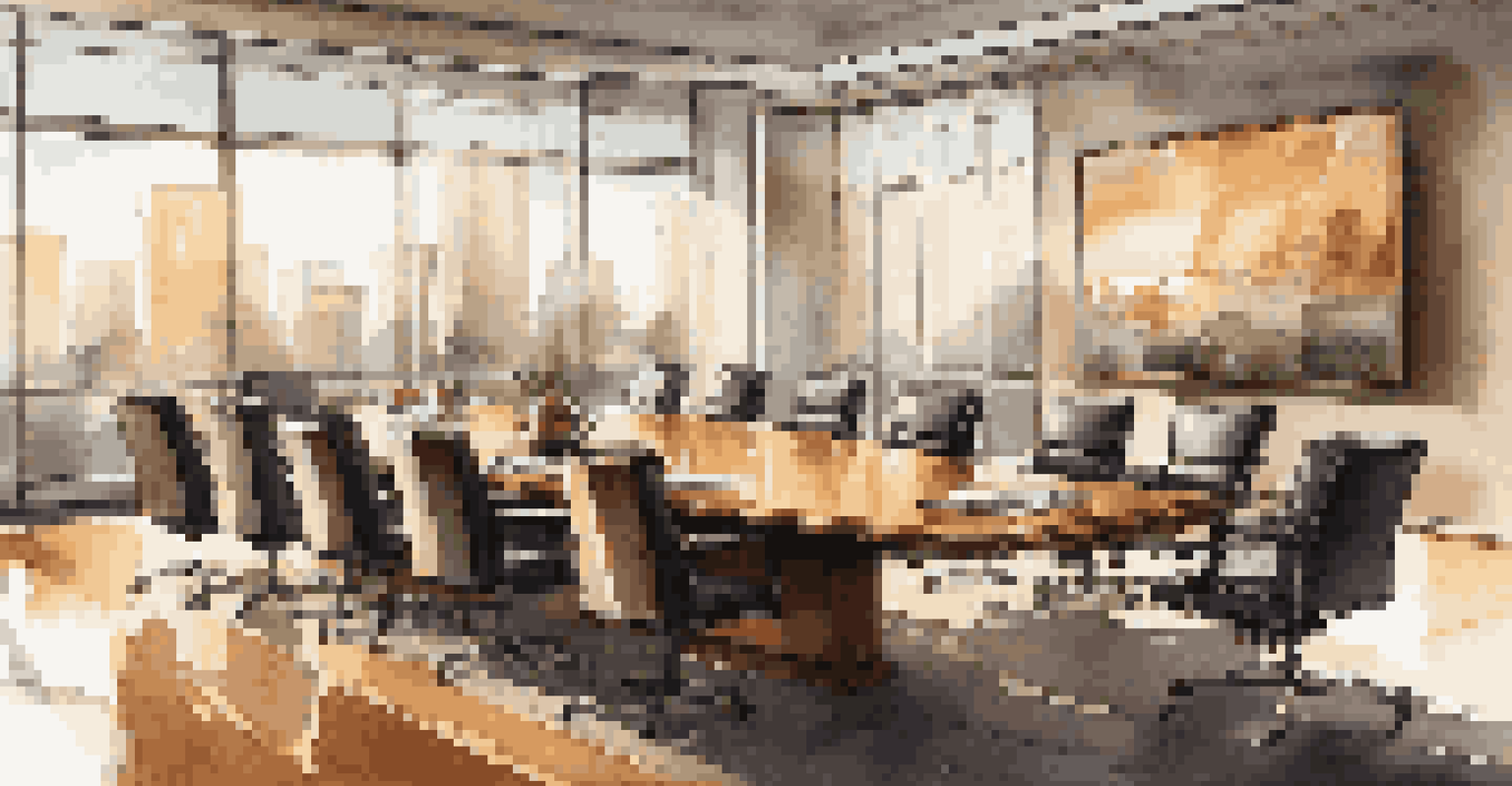 A luxurious boardroom with a long table, leather chairs, and financial charts displayed on a screen, illuminated by sunlight.