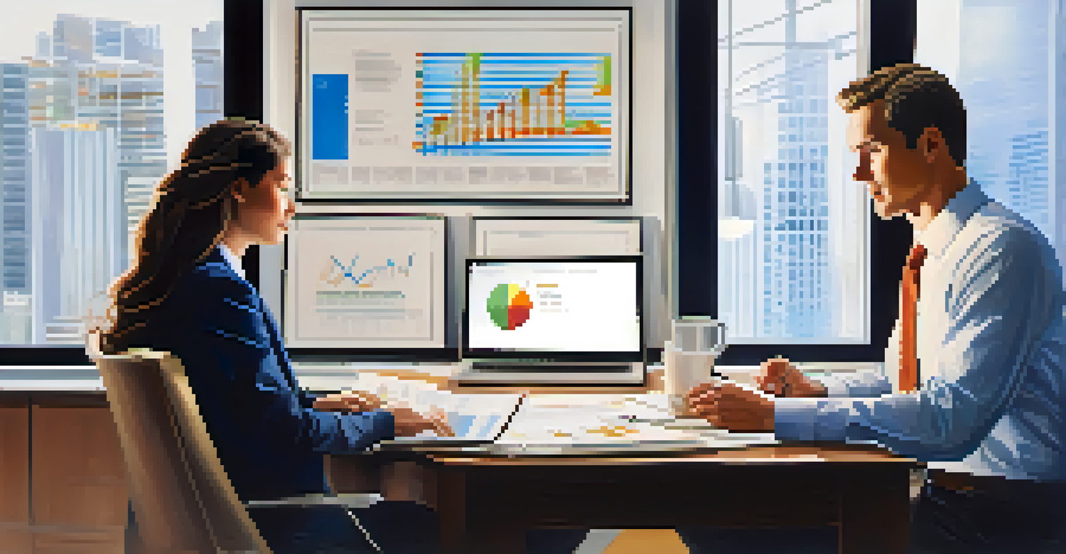 A financial advisor and a client discussing investment strategies at a desk, with a laptop showing stock market graphs and financial documents around them.