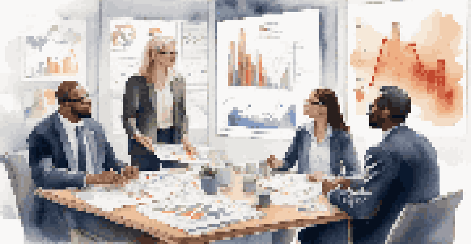 A diverse group of investors collaborating around a table covered in charts and graphs, showcasing teamwork and strategic planning.