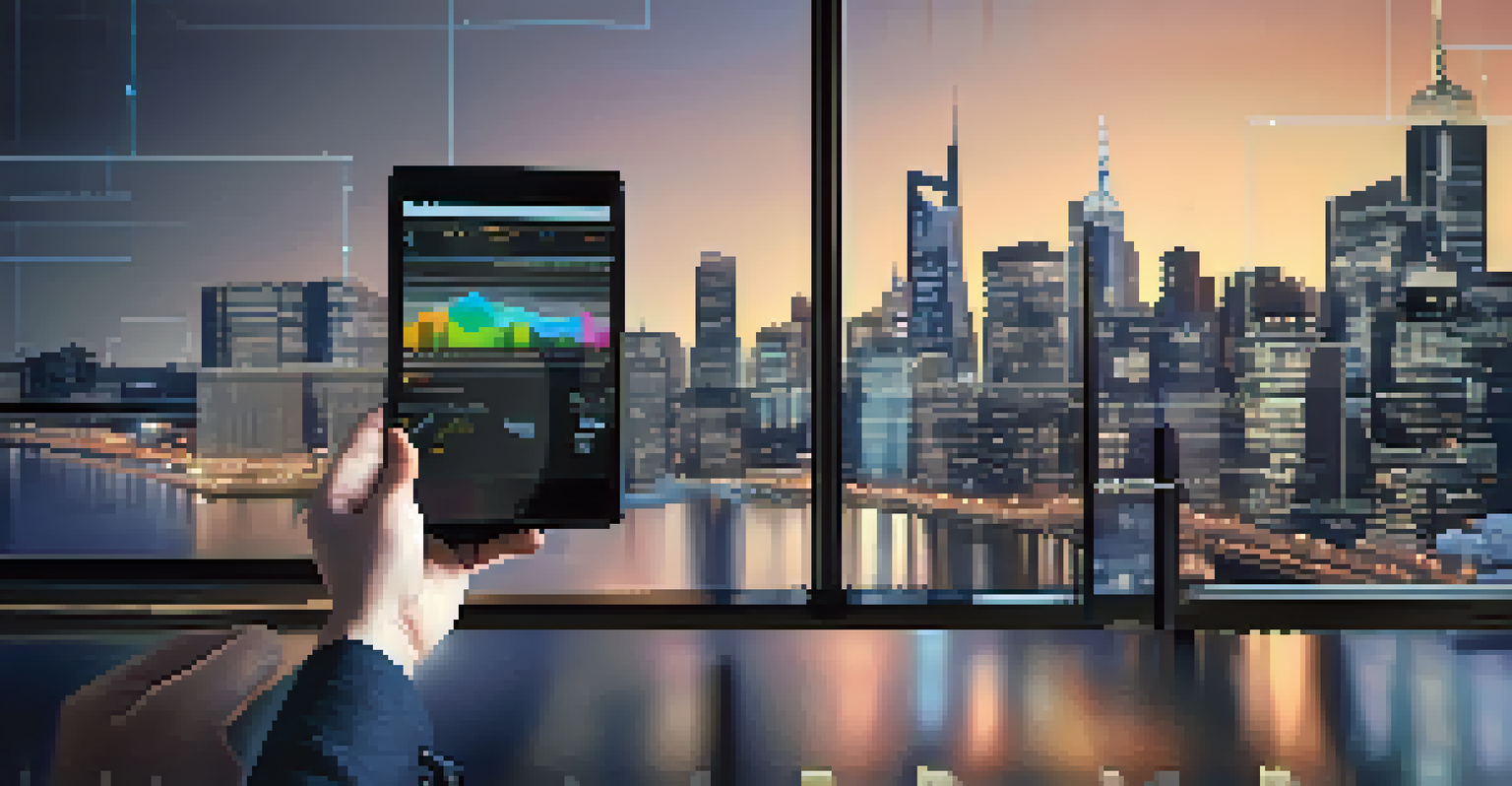 A hand holding a tablet showing financial graphs, with a blurred skyline of a financial district in the background.