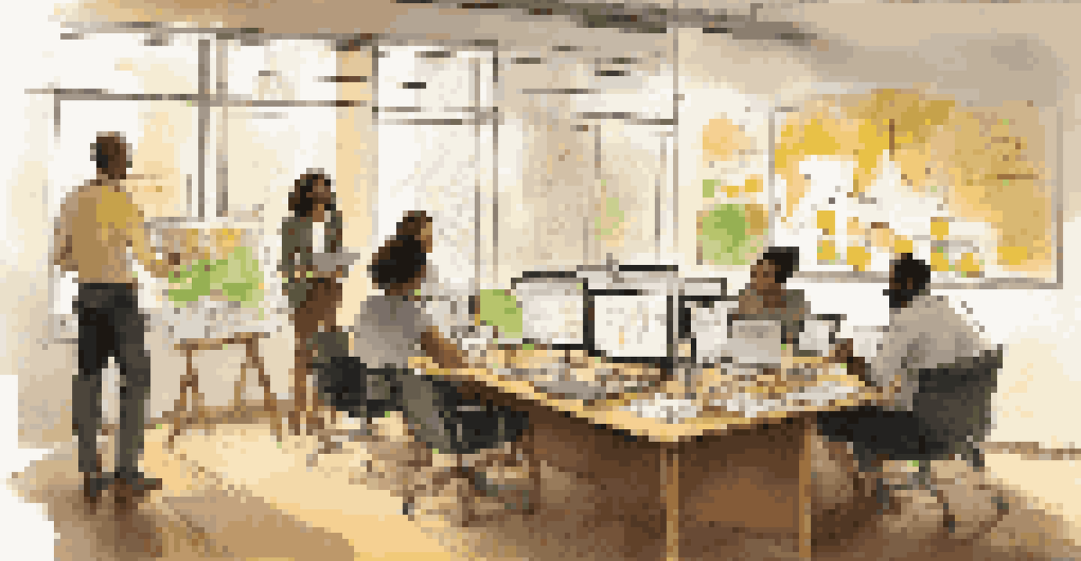 A diverse team in an office brainstorming with sketches on a whiteboard and financial graphs on a laptop.