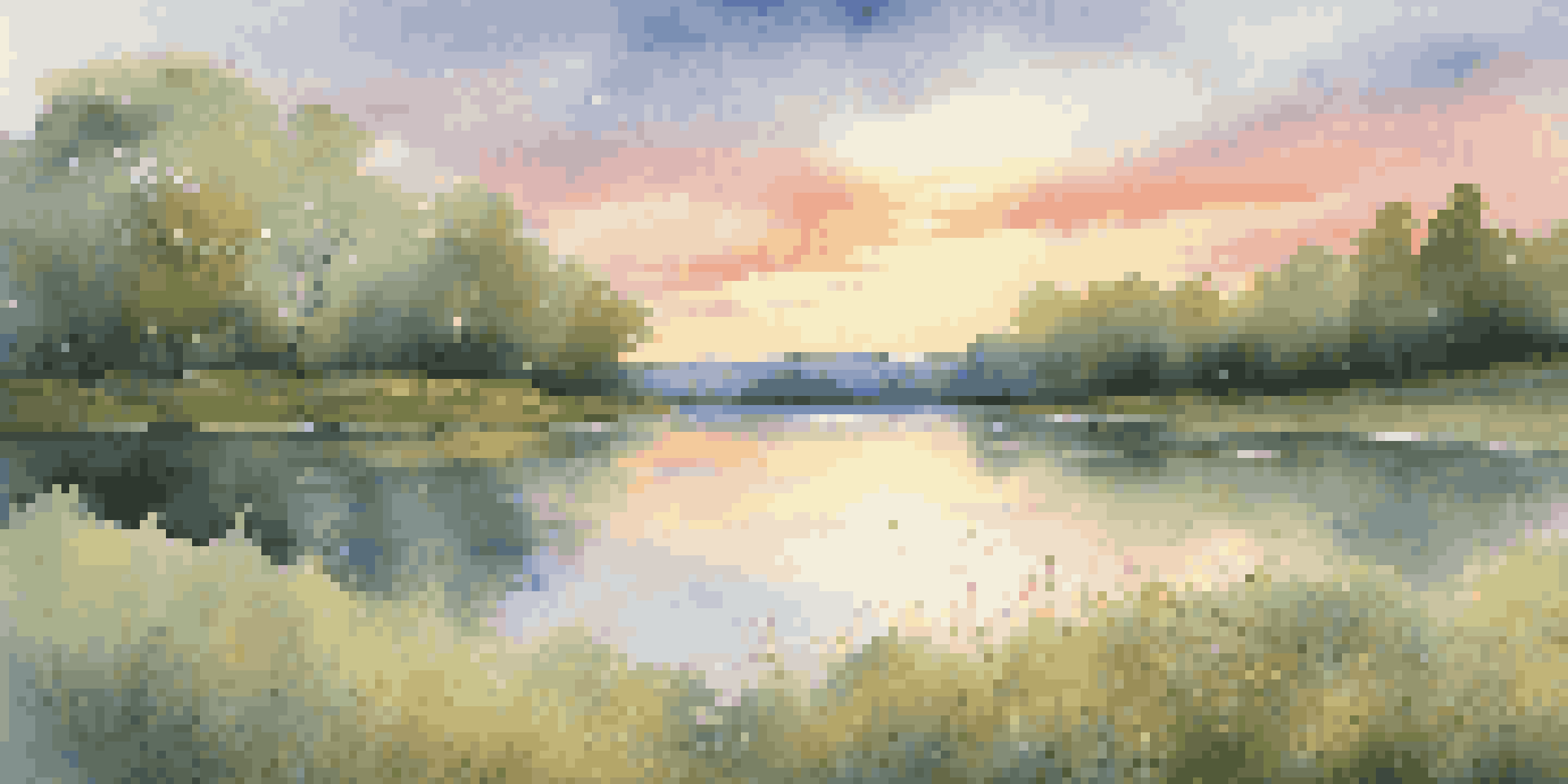A peaceful lakeside view at sunrise with colorful reflections on the water and wildflowers in the foreground.