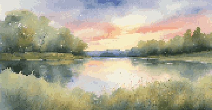 A peaceful lakeside view at sunrise with colorful reflections on the water and wildflowers in the foreground.