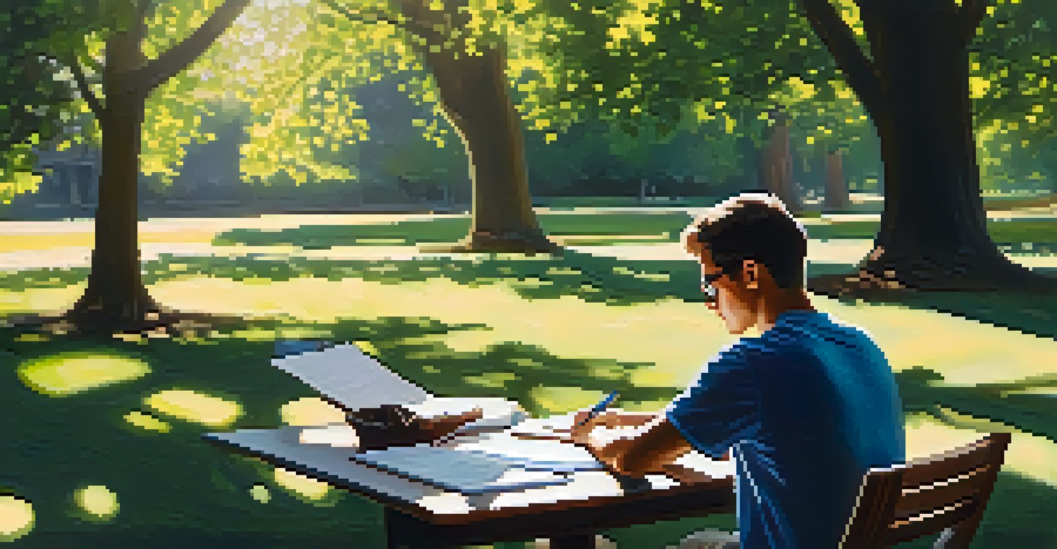A person sitting at a picnic table in a park, analyzing financial statements on a laptop, surrounded by nature and sunlight.