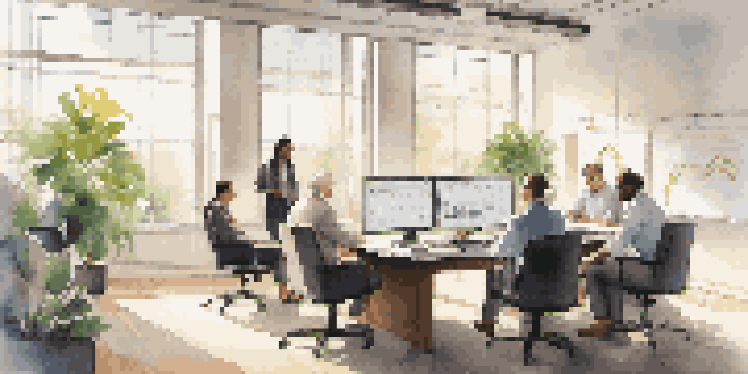 A diverse group of professionals in a bright office, discussing financial charts and strategies.