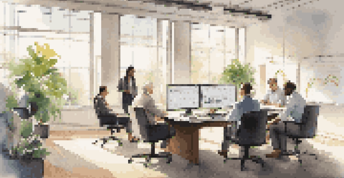 A diverse group of professionals in a bright office, discussing financial charts and strategies.