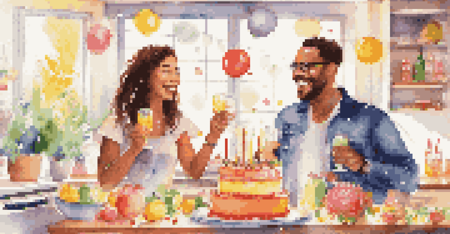 Two partners celebrating a financial milestone with glasses raised in a bright kitchen, surrounded by a cake.