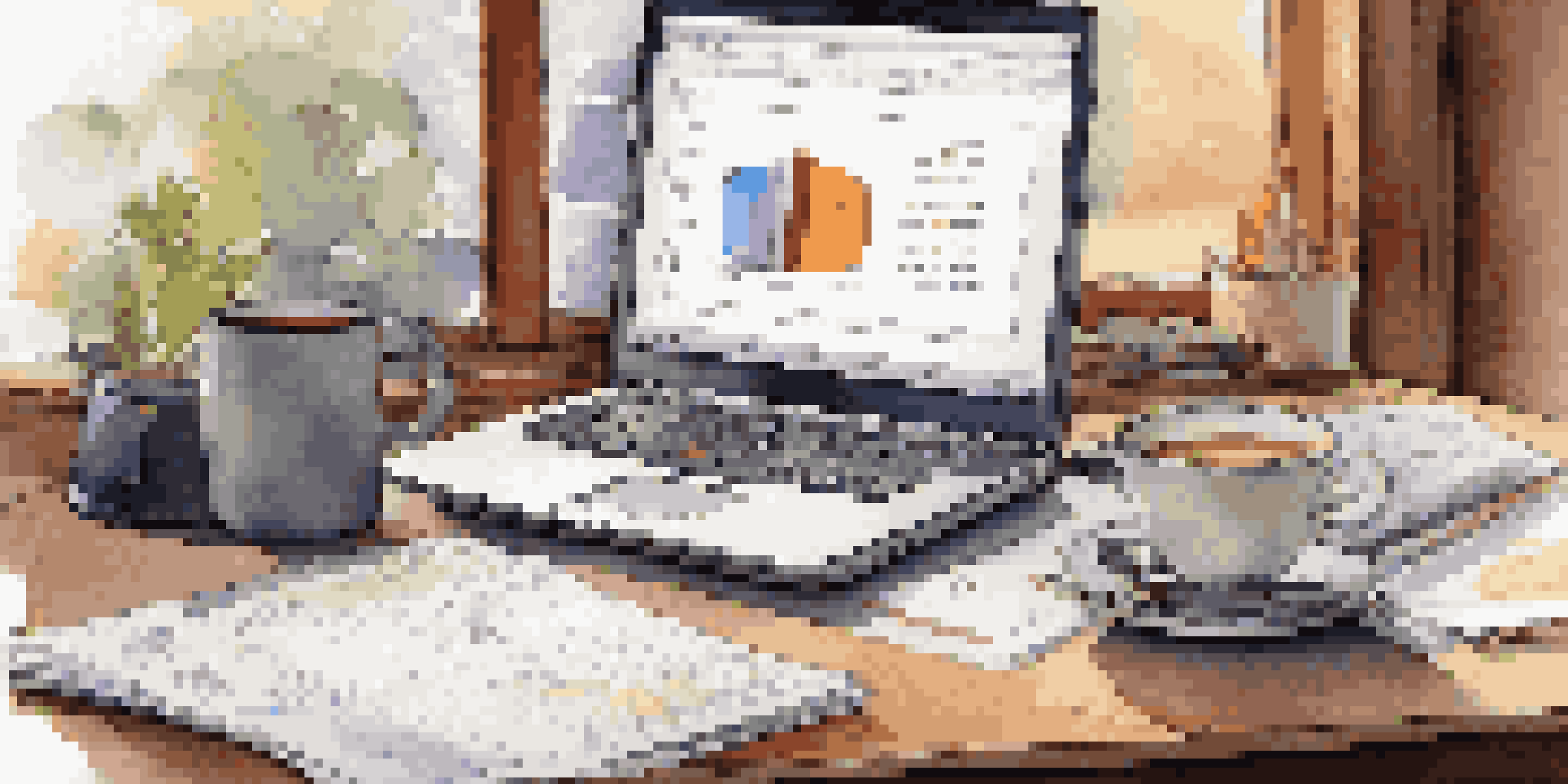 A financial analyst's desk with a laptop showing charts, a notepad, and a coffee cup, illuminated by warm natural light.