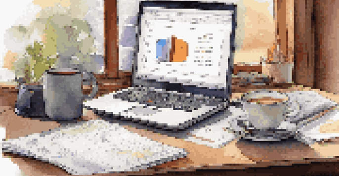 A financial analyst's desk with a laptop showing charts, a notepad, and a coffee cup, illuminated by warm natural light.