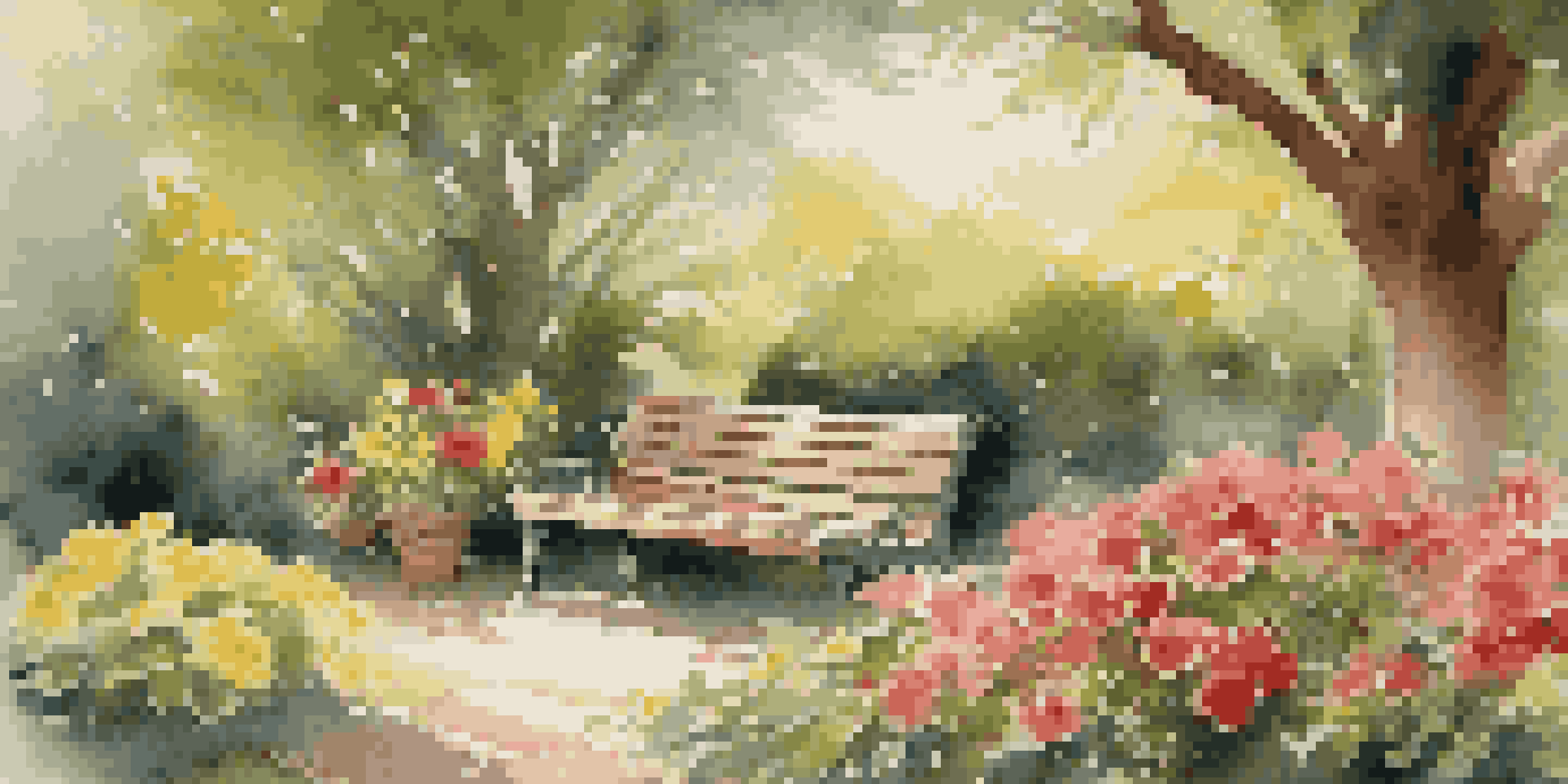 A peaceful garden filled with colorful flowers, a wooden bench under a shady tree, and sunlight filtering through the leaves.