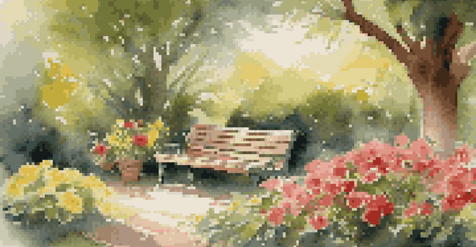 A peaceful garden filled with colorful flowers, a wooden bench under a shady tree, and sunlight filtering through the leaves.