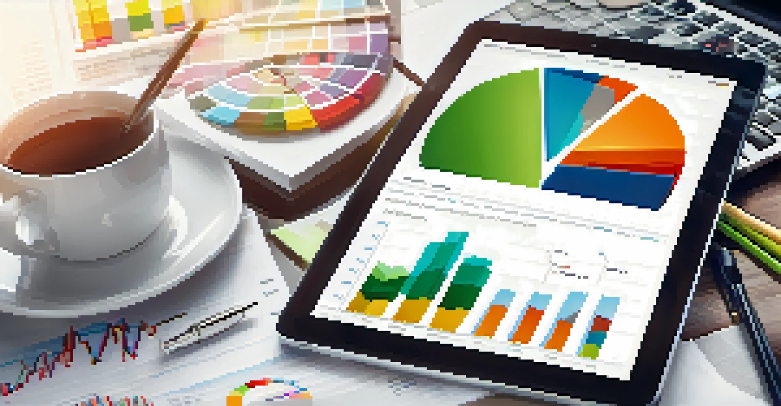A digital tablet displaying an investment portfolio with pie charts and graphs, next to a notepad.