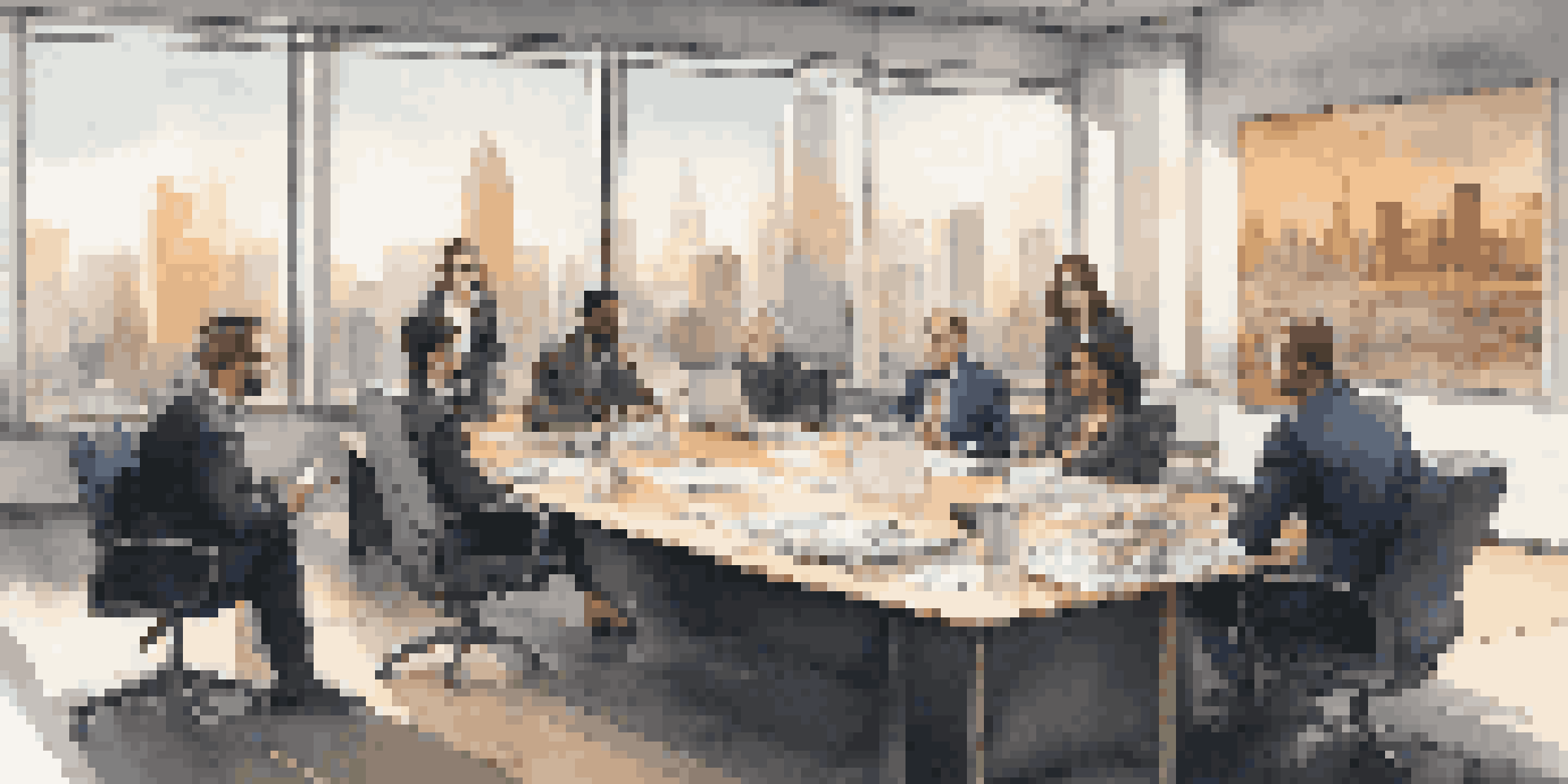 A diverse group of professionals negotiating in a modern office, with a tense yet focused atmosphere and city skyline in the background.