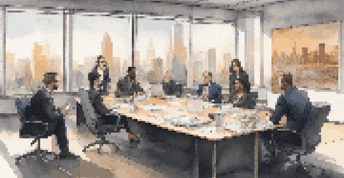 A diverse group of professionals negotiating in a modern office, with a tense yet focused atmosphere and city skyline in the background.