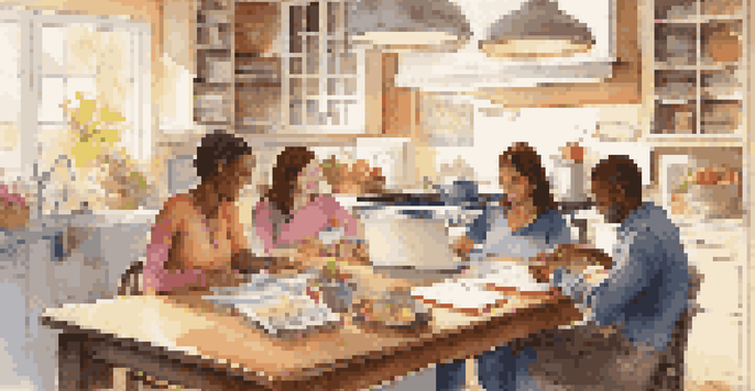 A diverse family of four sitting at a wooden table in a kitchen, discussing budgeting with notepads and a laptop, illuminated by soft morning light.