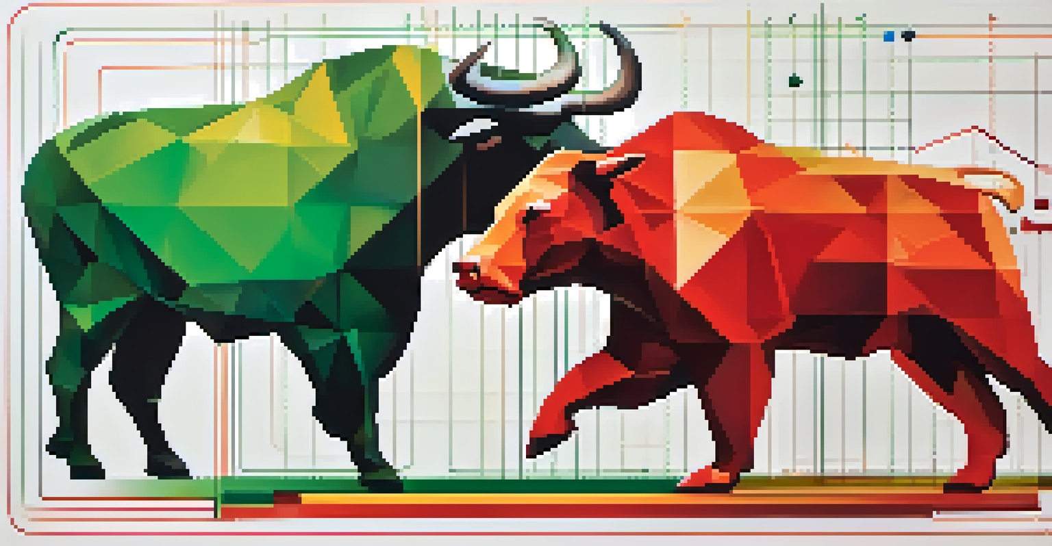 A bull and bear representing stock market trends, surrounded by colorful graphs and charts.