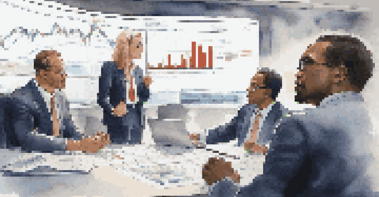A diverse group of investors discussing charts and reports in a conference room.