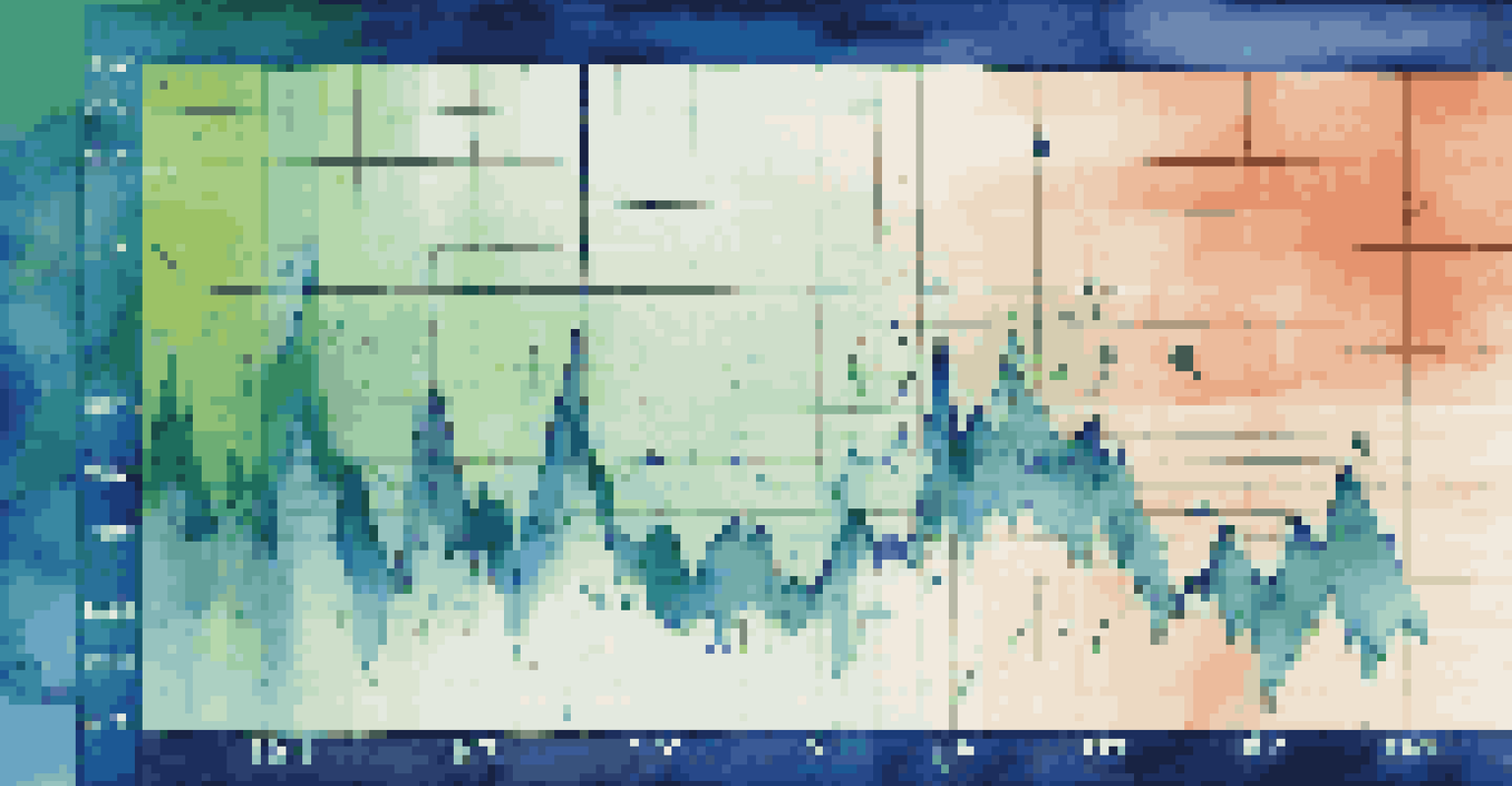An illustrated stock market chart with patterns and arrows on a blue-green gradient background, representing market analysis.