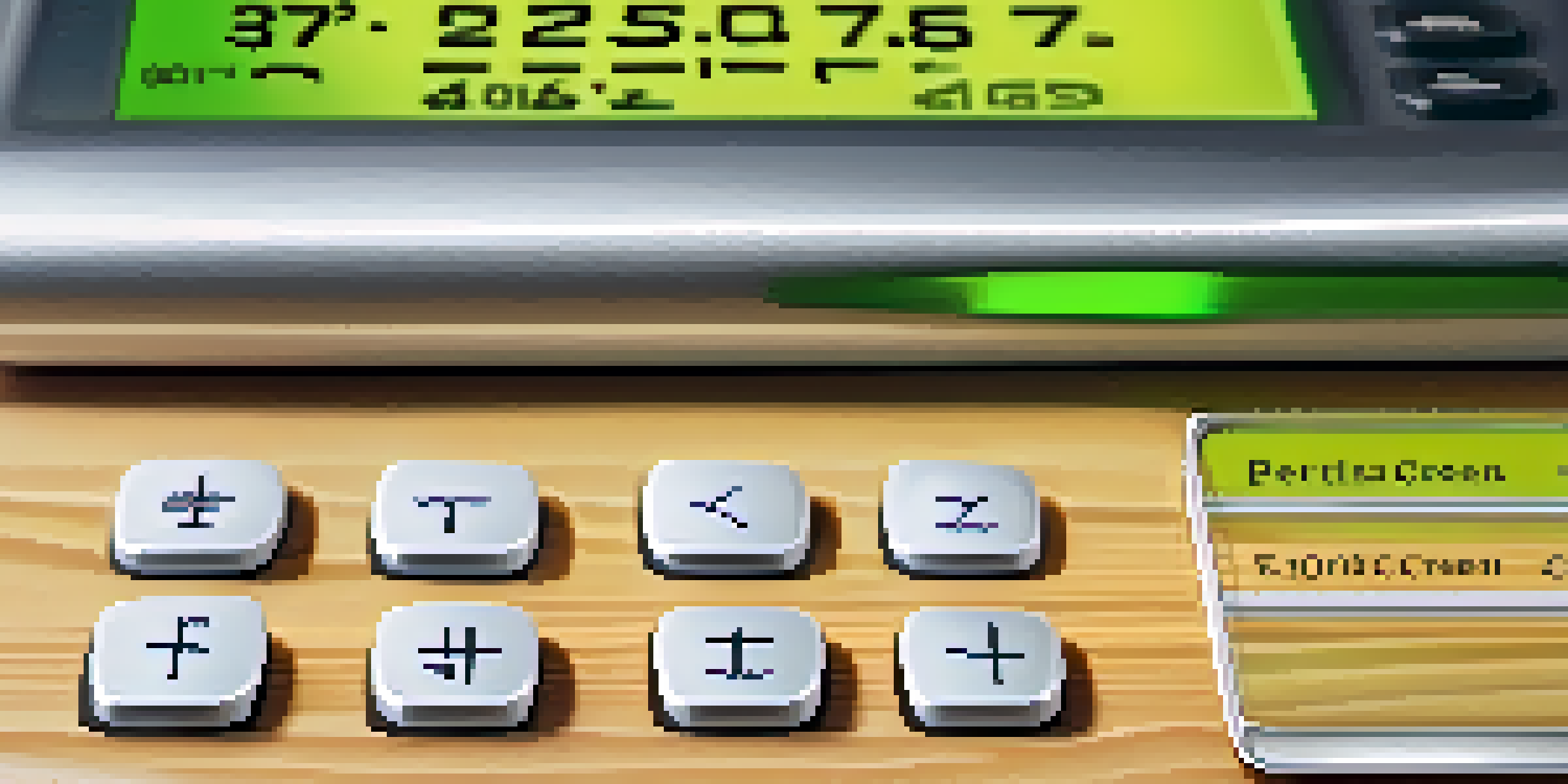 A credit score report on a wooden desk, with a calculator, coffee cup, and notepad, showing a high credit score in green.