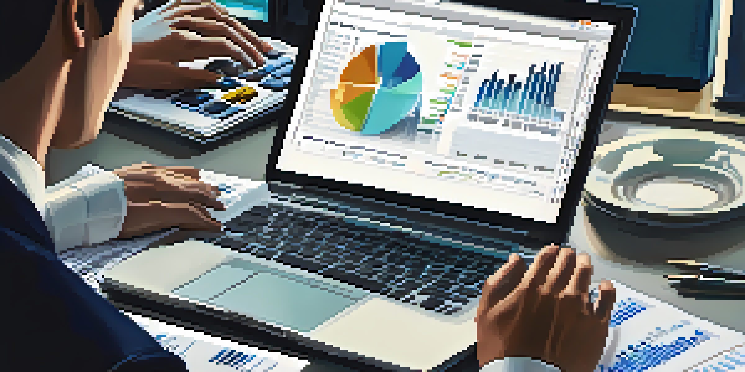 Close-up of hands typing on a laptop amidst financial documents, highlighting analysis and focus.