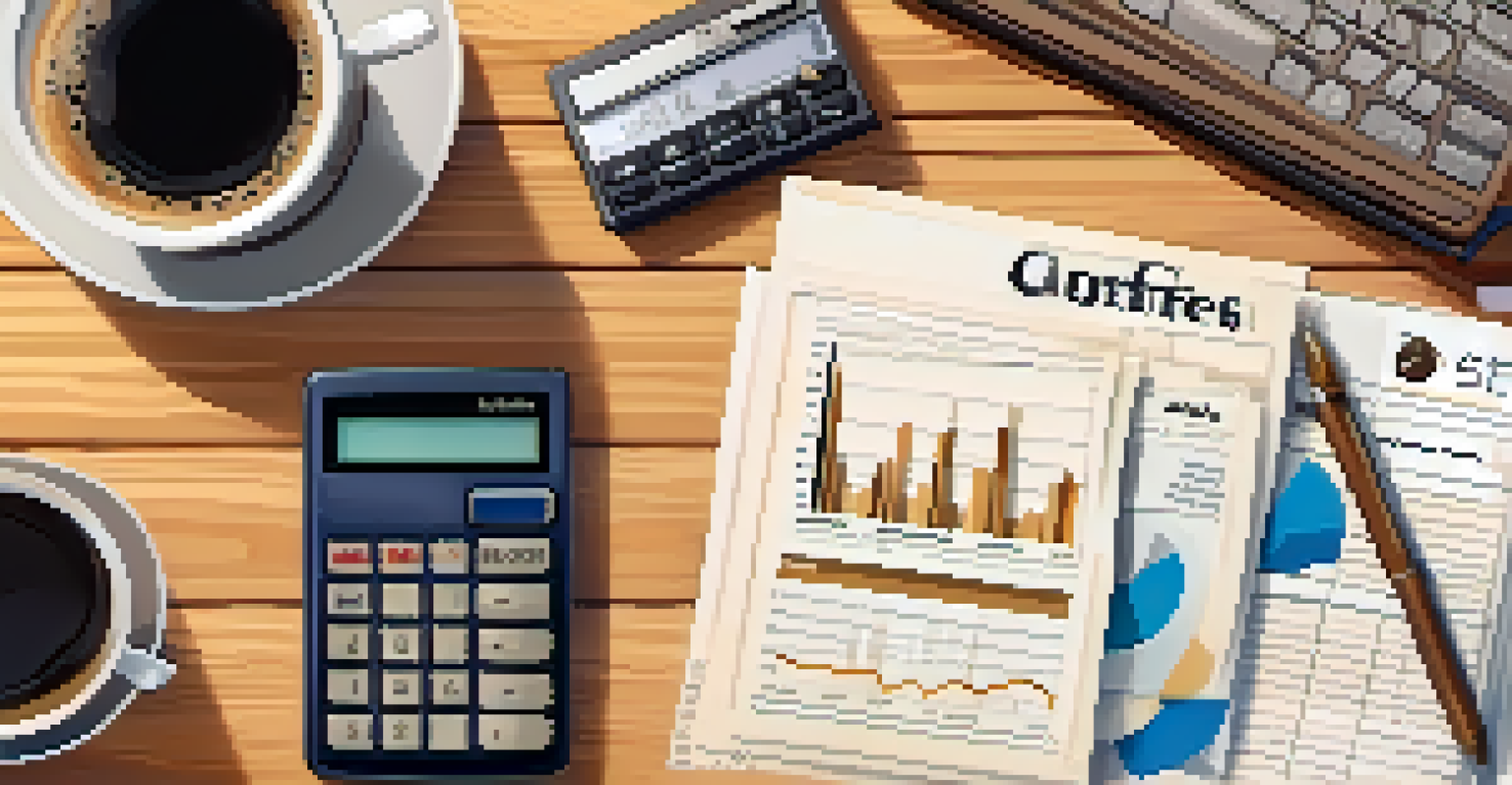 An overhead view of a dining table with a notepad, calculator, and coffee cup, surrounded by financial documents and charts.