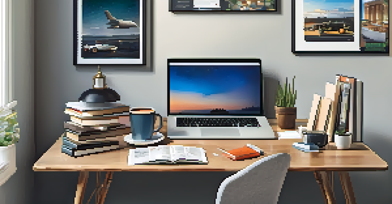 An elegant workspace with a laptop, coffee, financial books, and a vision board of savings goals.