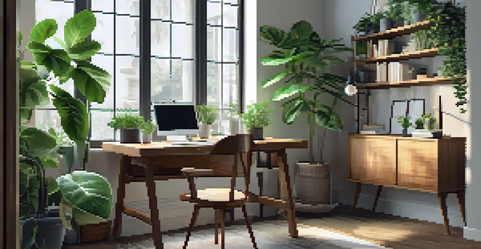 A cozy home office with a wooden desk, laptop, potted plant, and coffee cup under natural light.