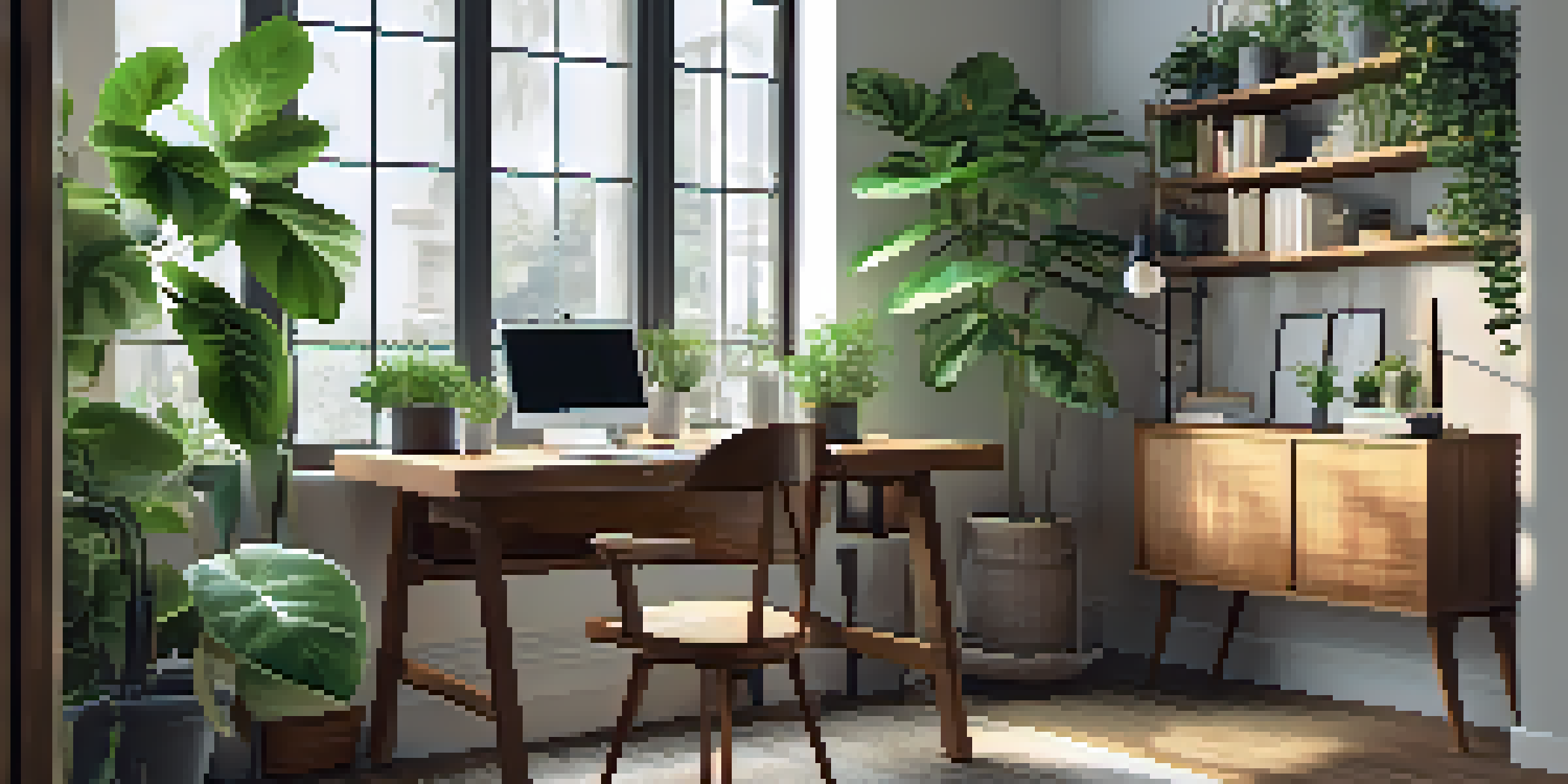 A cozy home office with a wooden desk, laptop, potted plant, and coffee cup under natural light.