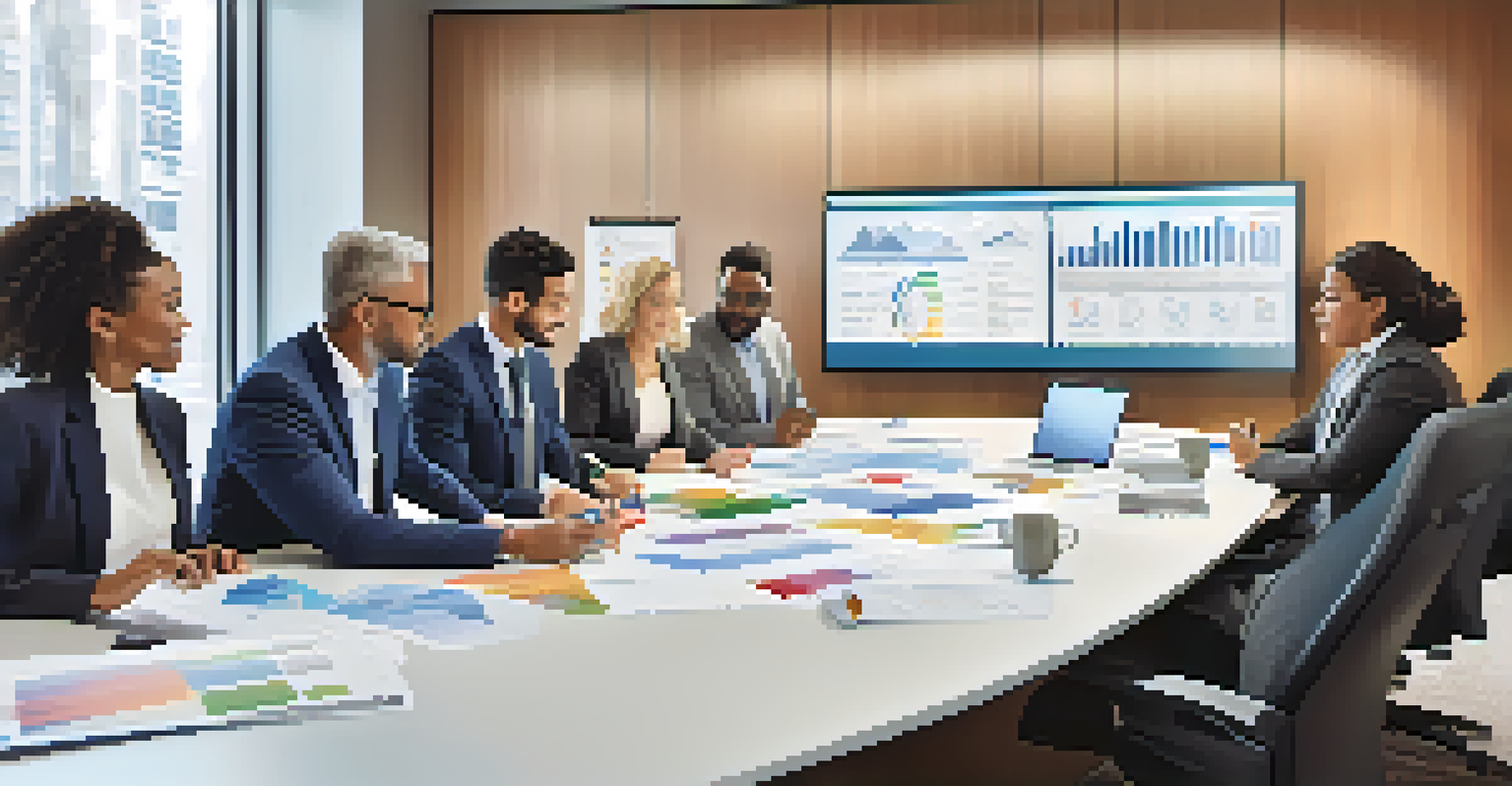 A group of diverse business people working together in a bright conference room, analyzing charts and documents.