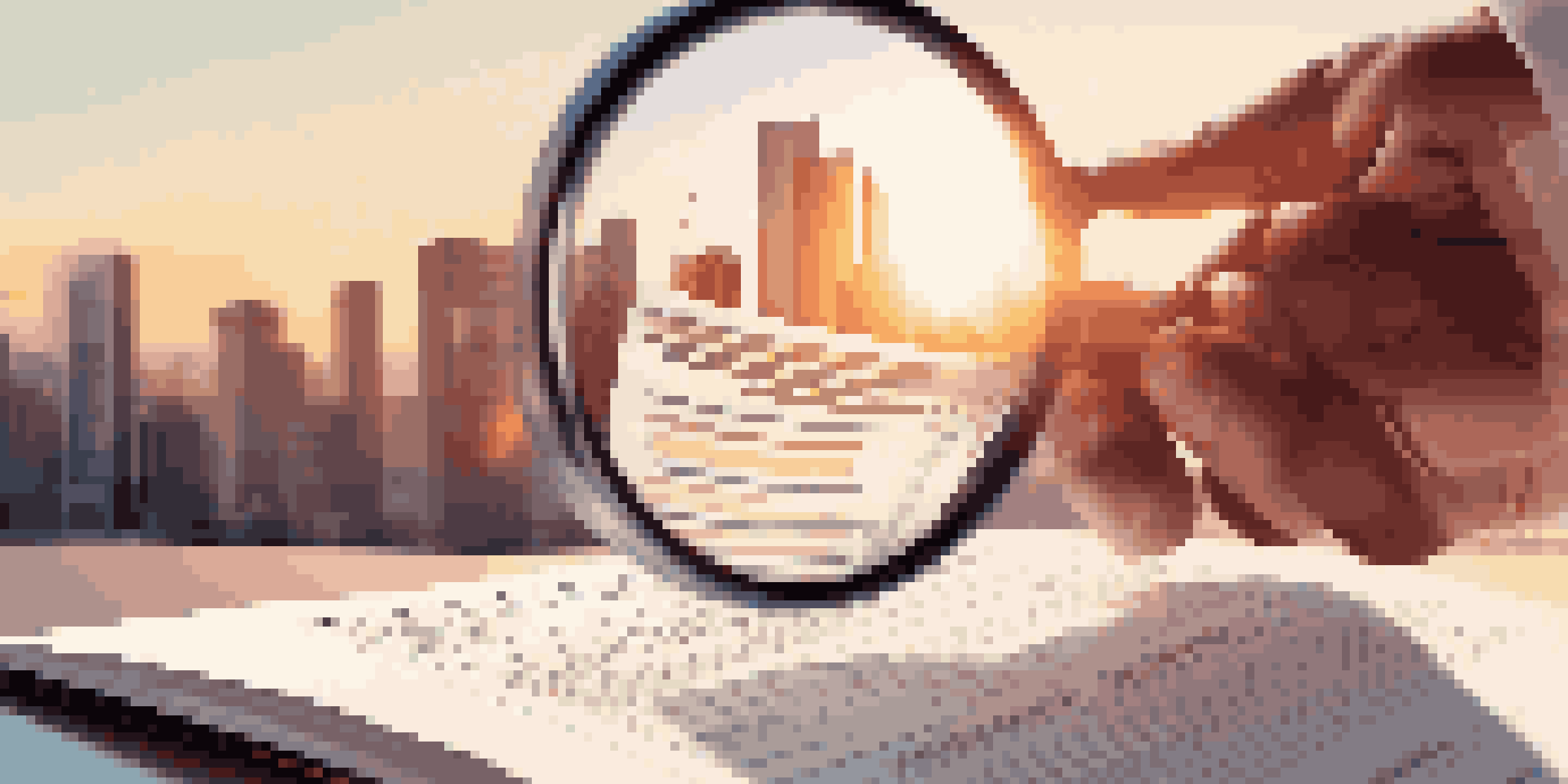 A hand holding a magnifying glass over financial documents, with a city skyline in the background at sunset.
