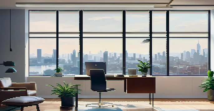 A bright office with a desk, laptop, financial reports, and a city skyline view.