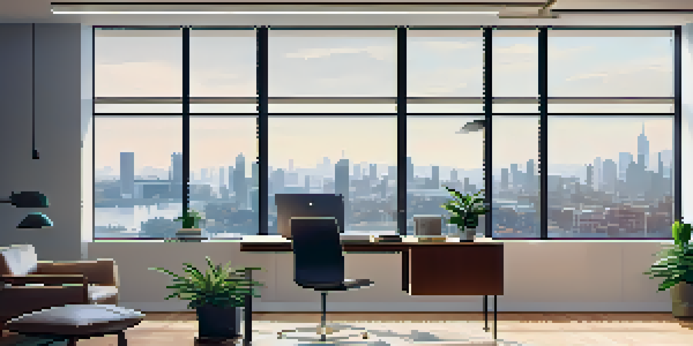 A bright office with a desk, laptop, financial reports, and a city skyline view.