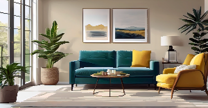 A modern living room with a comfortable sofa, large window, and potted plants, featuring soft beige, teal, and yellow colors.