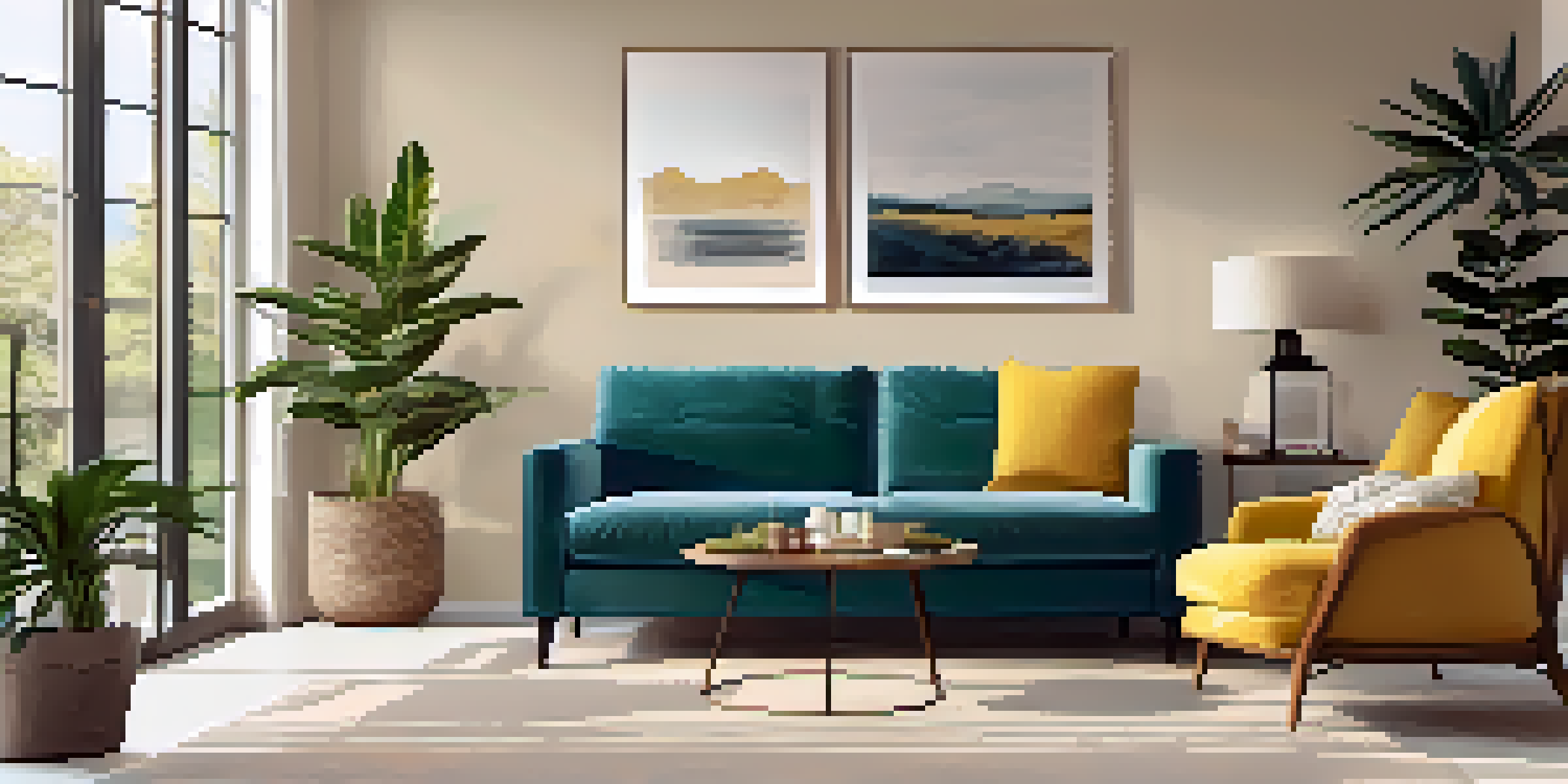 A modern living room with a comfortable sofa, large window, and potted plants, featuring soft beige, teal, and yellow colors.