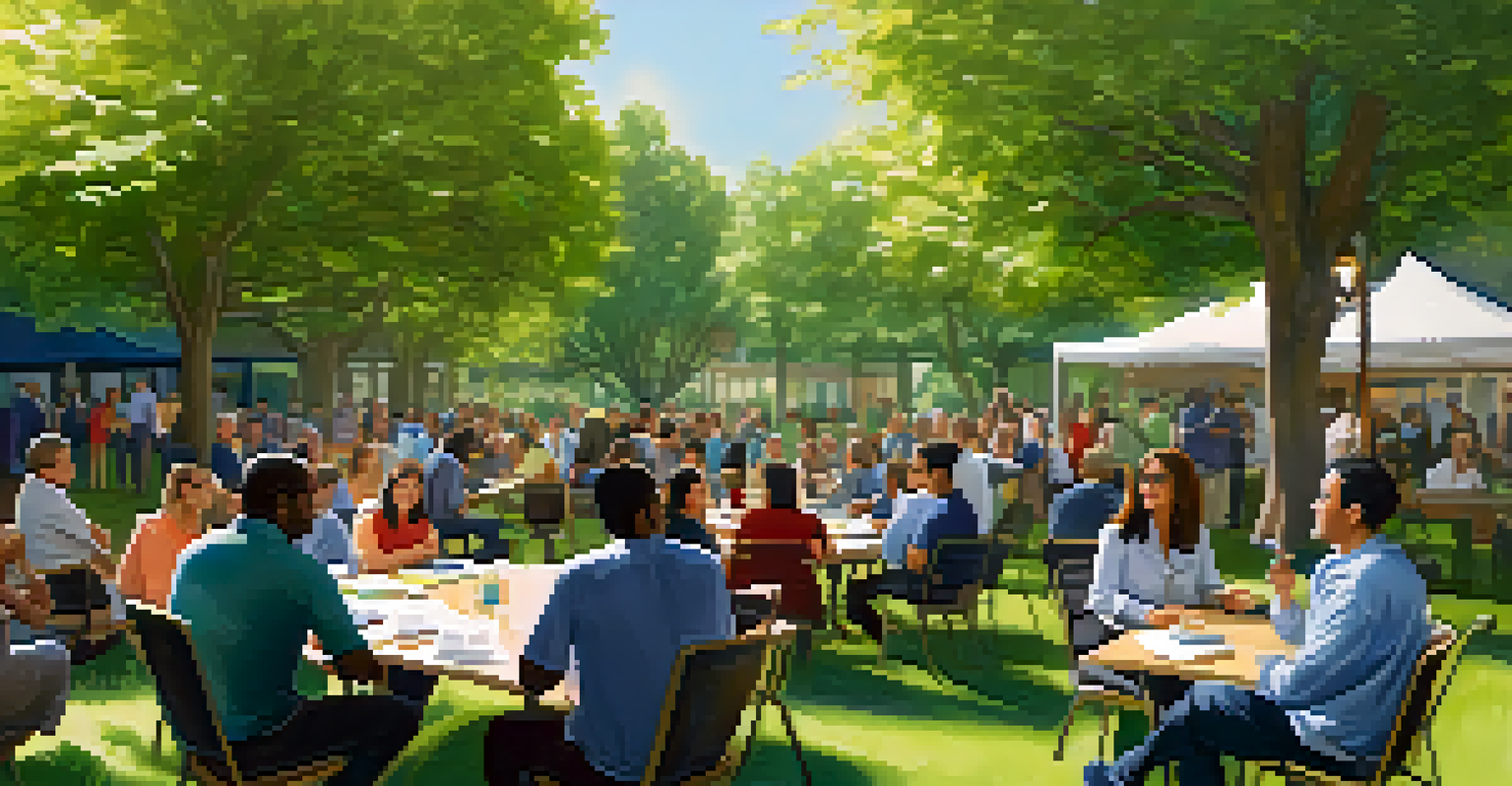 A community meeting with diverse residents discussing investment opportunities in a green outdoor setting.