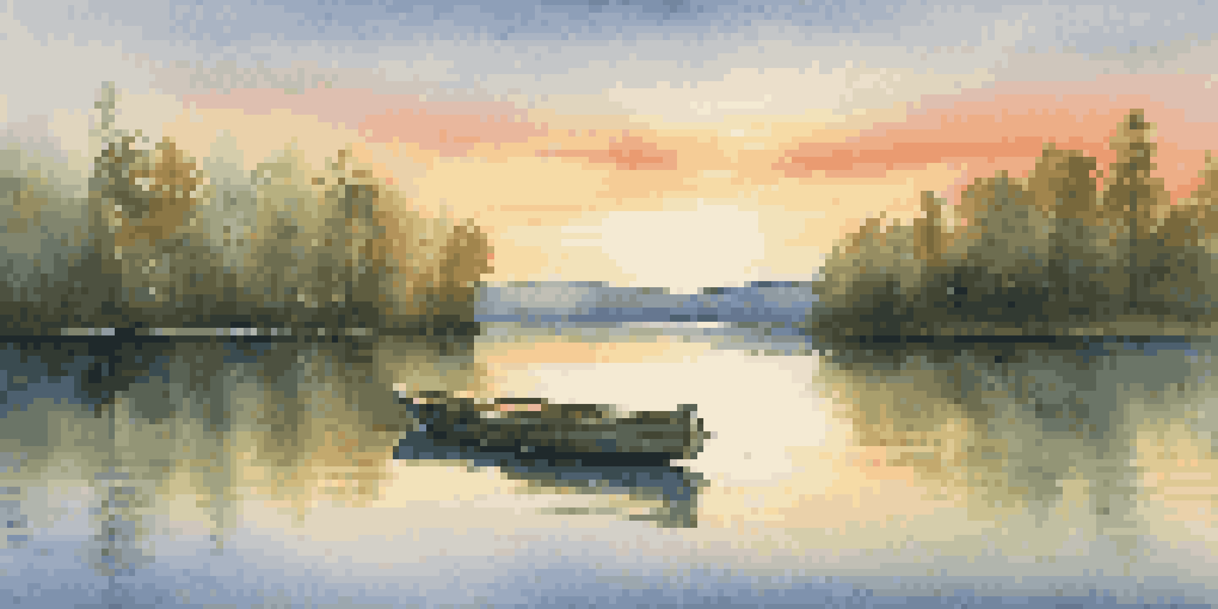 A peaceful lake surrounded by green trees with a sunset casting golden light on the water and a small rowboat in the foreground.