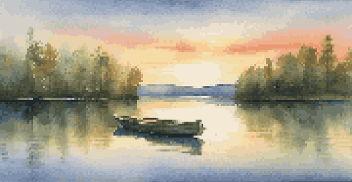 A peaceful lake surrounded by green trees with a sunset casting golden light on the water and a small rowboat in the foreground.