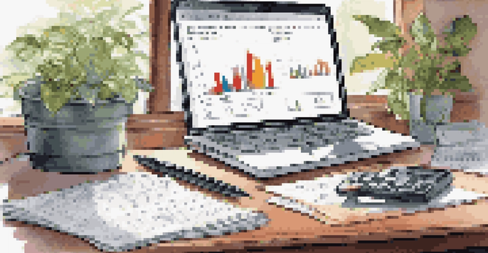 A financial analyst's desk with a laptop showing financial charts, a notepad with notes, and a calculator, illuminated by natural light with a potted plant in the background.