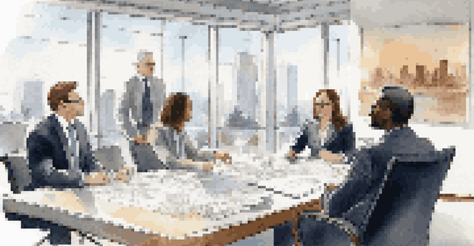 A diverse group of professionals discussing investment club structures in a well-lit boardroom with charts and documents on the table.