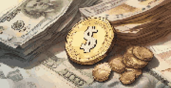 A close-up image of a golden coin on crumpled banknotes, representing inflation and currency value.