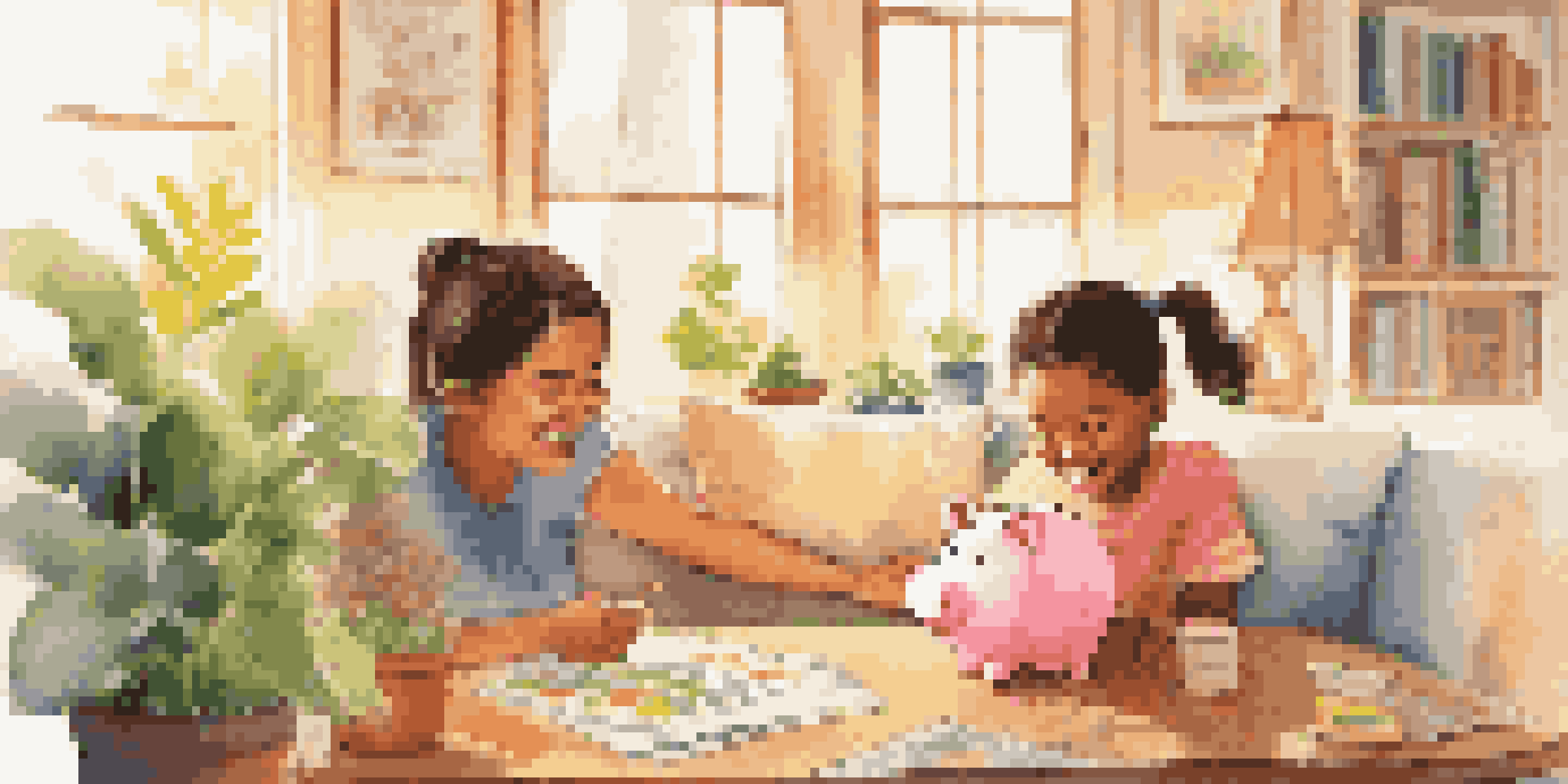 A parent teaching a child about saving money with a piggy bank and charts in a bright living room filled with sunlight.