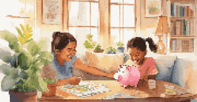 A parent teaching a child about saving money with a piggy bank and charts in a bright living room filled with sunlight.