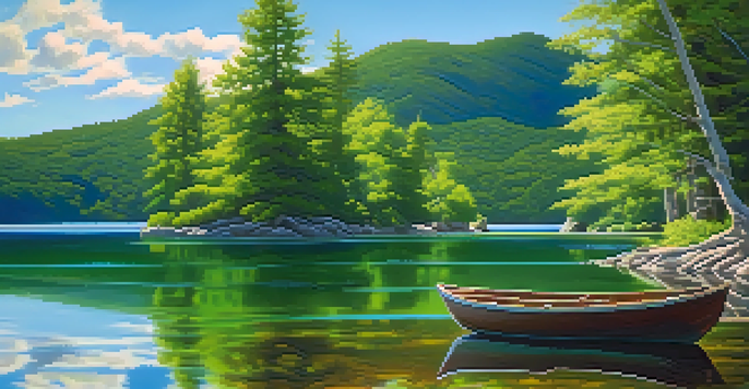 A peaceful lake surrounded by green mountains and a bright sky, with a wooden boat on the water.