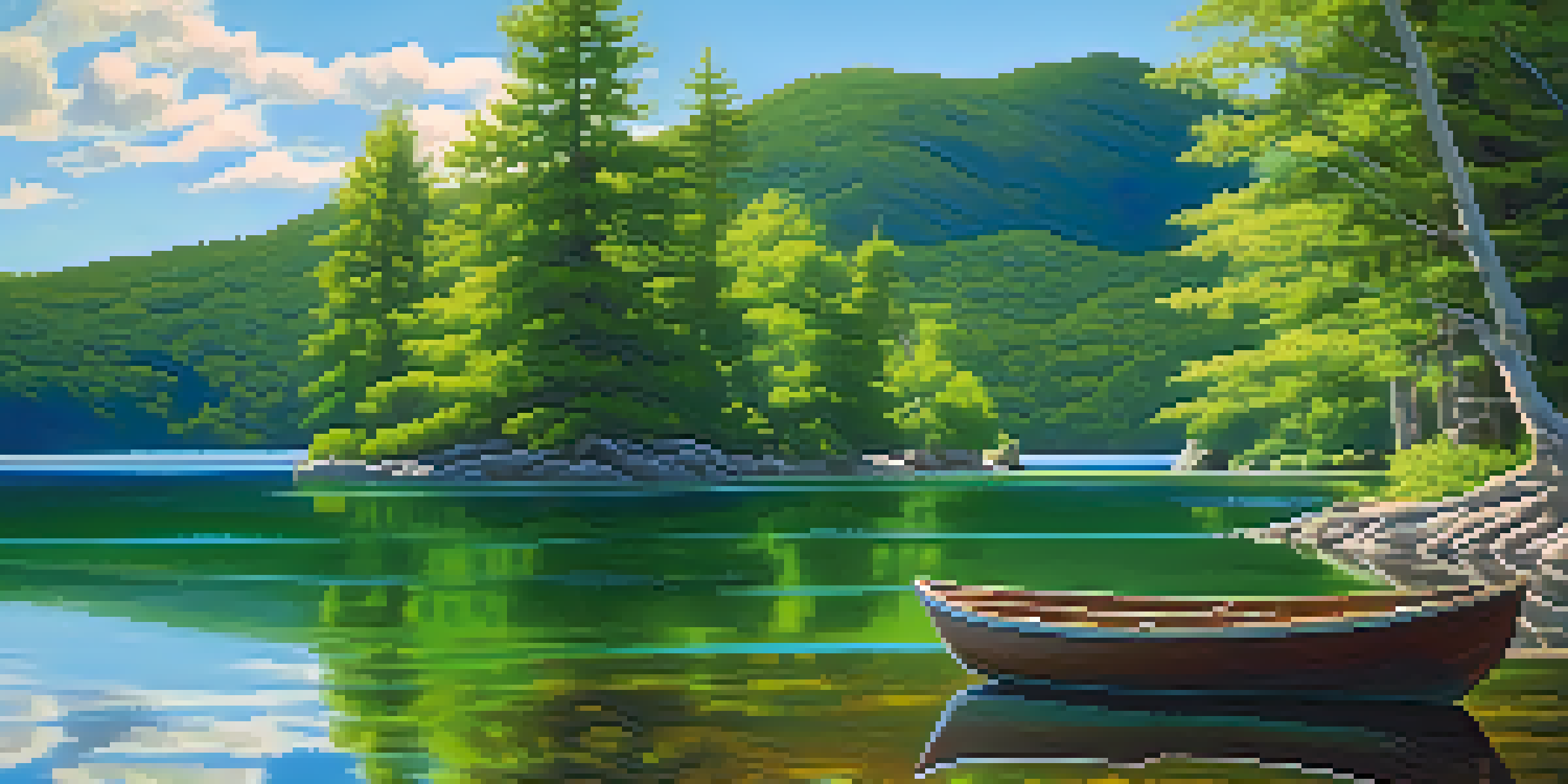 A peaceful lake surrounded by green mountains and a bright sky, with a wooden boat on the water.